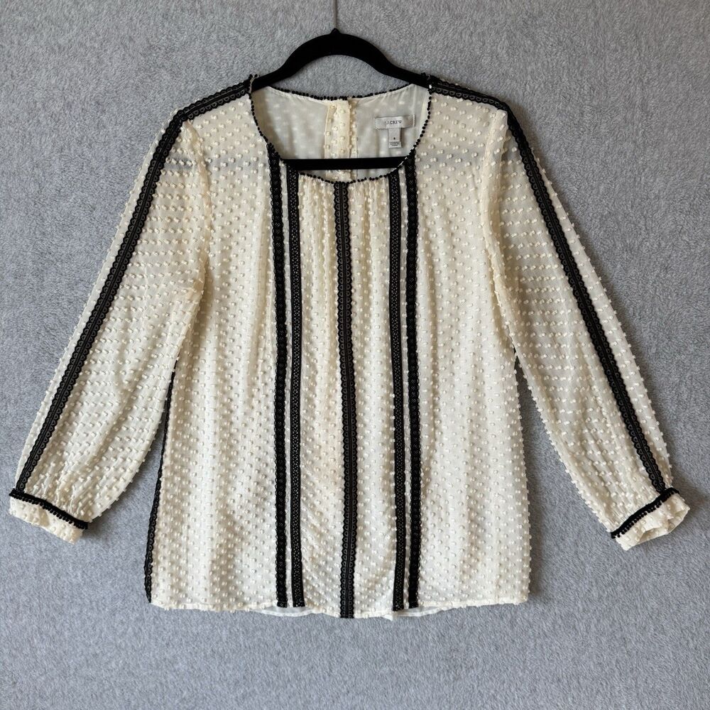 J Crew Elegant Silk Blouse Swiss Dot Lace Trim Office Chic Romantic Minimalist